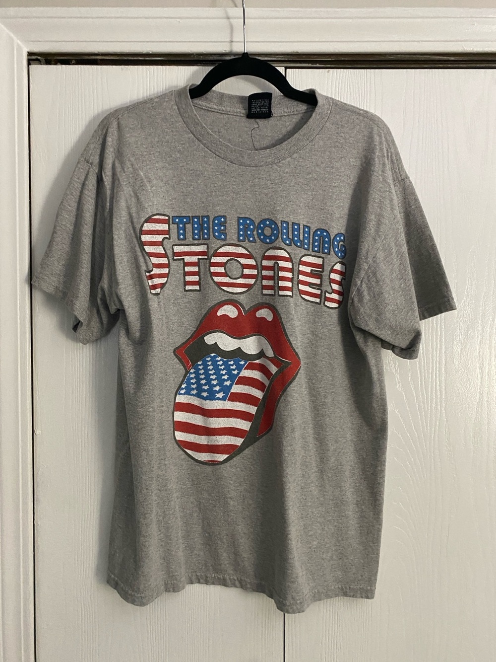 the Rolling Stones Grey Tee with American Flag Tongue Graphic